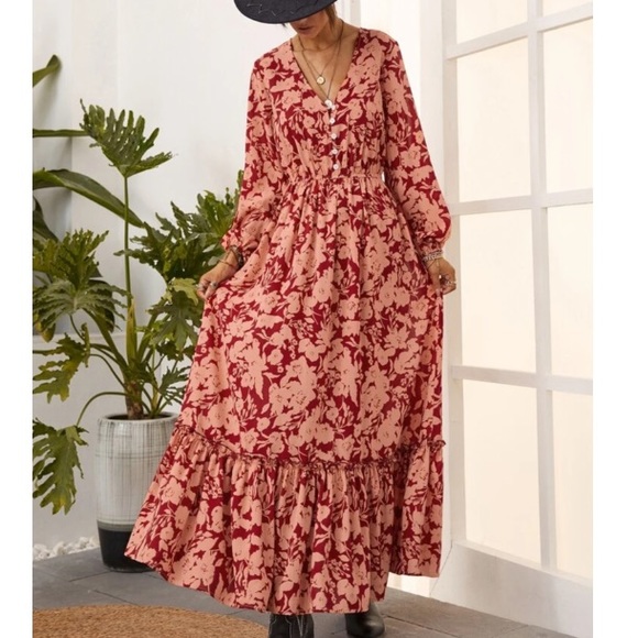 Boho gypsy  floral print button down ruffle hem maxi dress - Picture 4 of 6